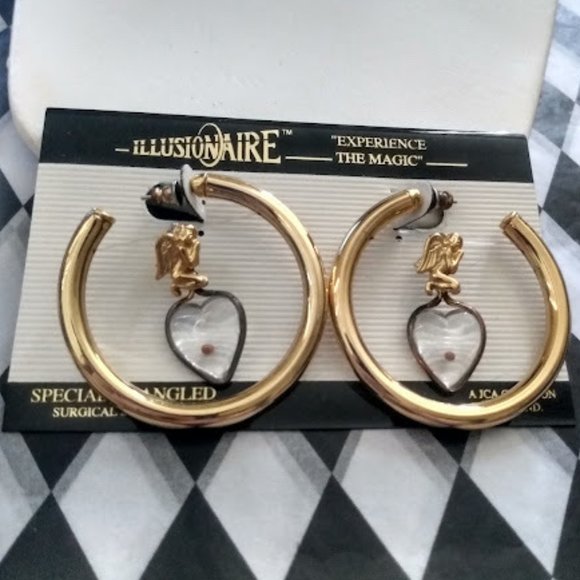 Illusionaire Jewelry - ILLUSIONAIRE JCA Creation Vintage from 1960's Gold Angel/Heart Hoop Earrings